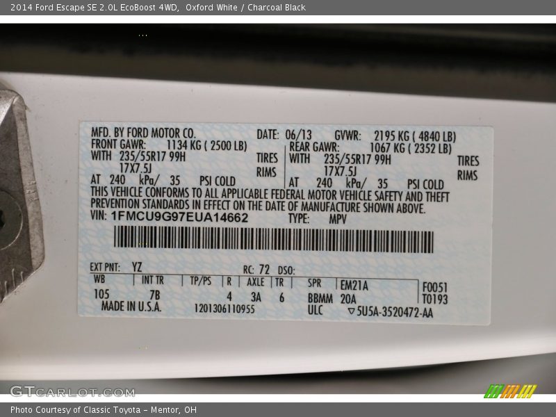 Oxford White / Charcoal Black 2014 Ford Escape SE 2.0L EcoBoost 4WD