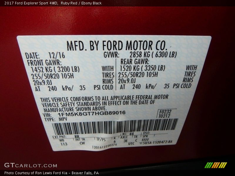 Ruby Red / Ebony Black 2017 Ford Explorer Sport 4WD