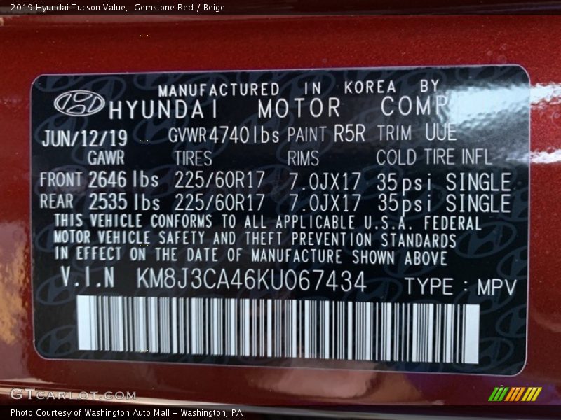 Gemstone Red / Beige 2019 Hyundai Tucson Value