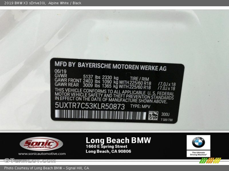 Alpine White / Black 2019 BMW X3 sDrive30i