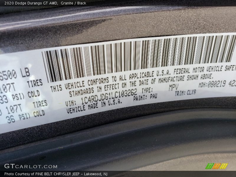 2020 Durango GT AWD Granite Color Code PAU