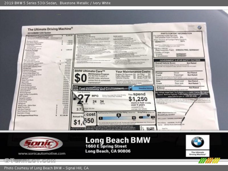 Bluestone Metallic / Ivory White 2019 BMW 5 Series 530i Sedan