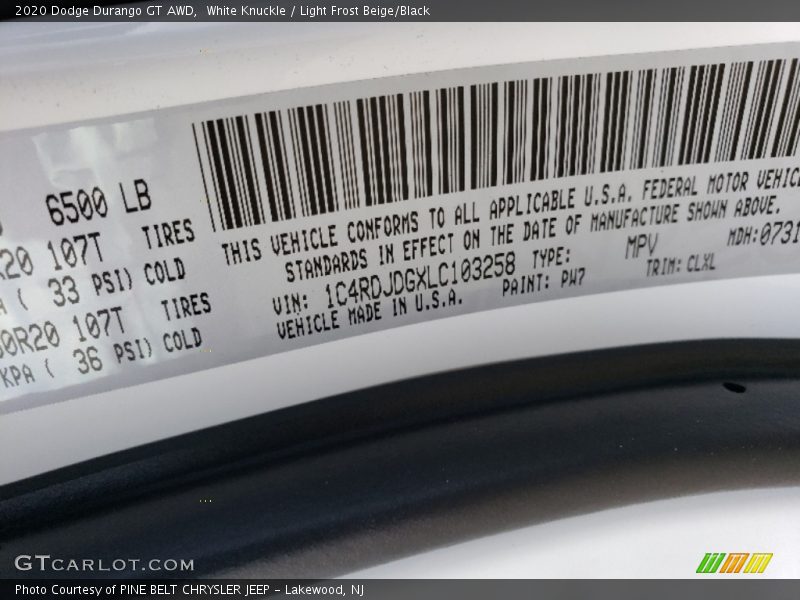 2020 Durango GT AWD White Knuckle Color Code PW7