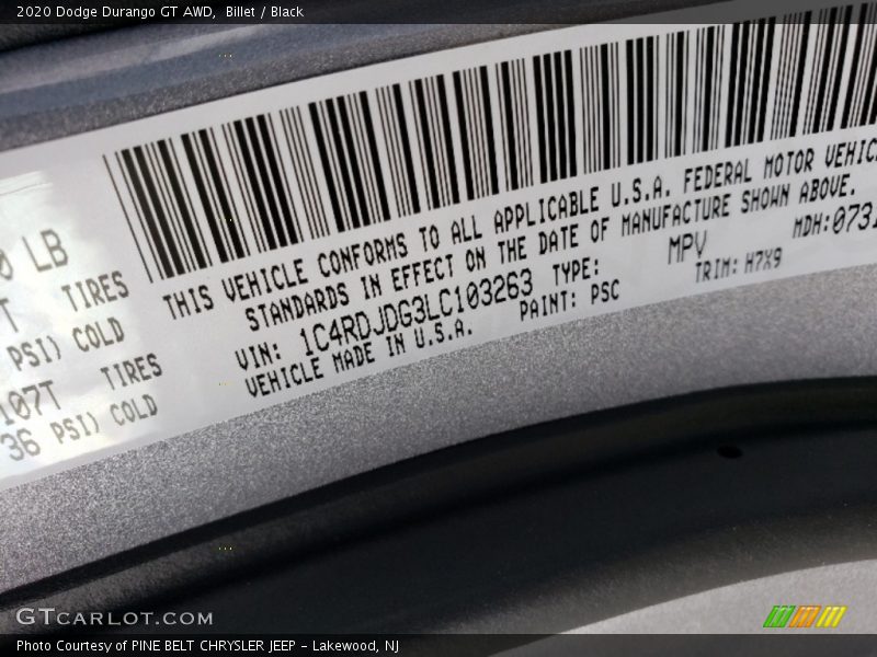 2020 Durango GT AWD Billet Color Code PSC