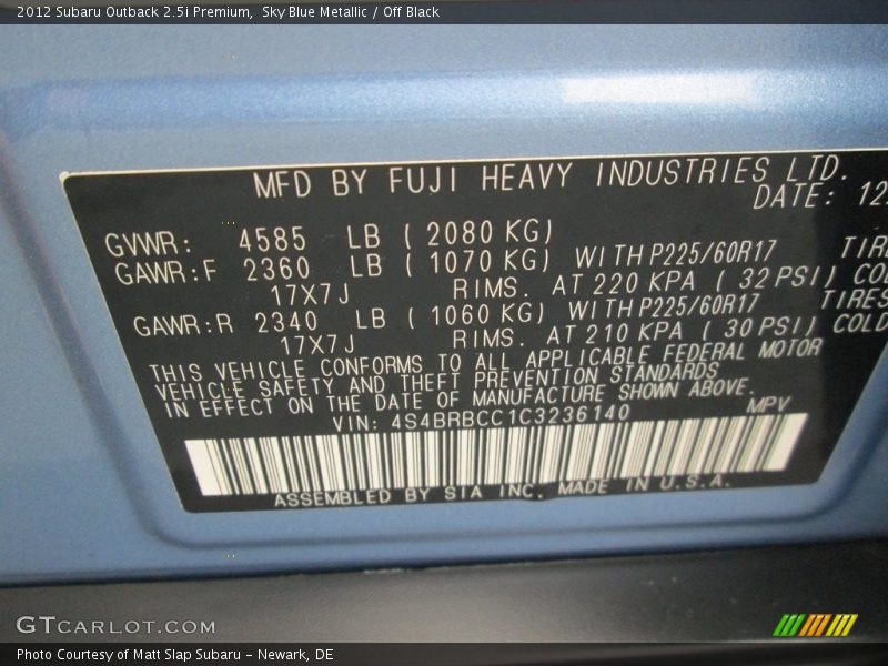 Sky Blue Metallic / Off Black 2012 Subaru Outback 2.5i Premium
