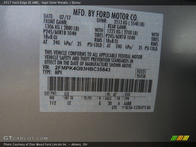 Ingot Silver Metallic / Ebony 2017 Ford Edge SE AWD