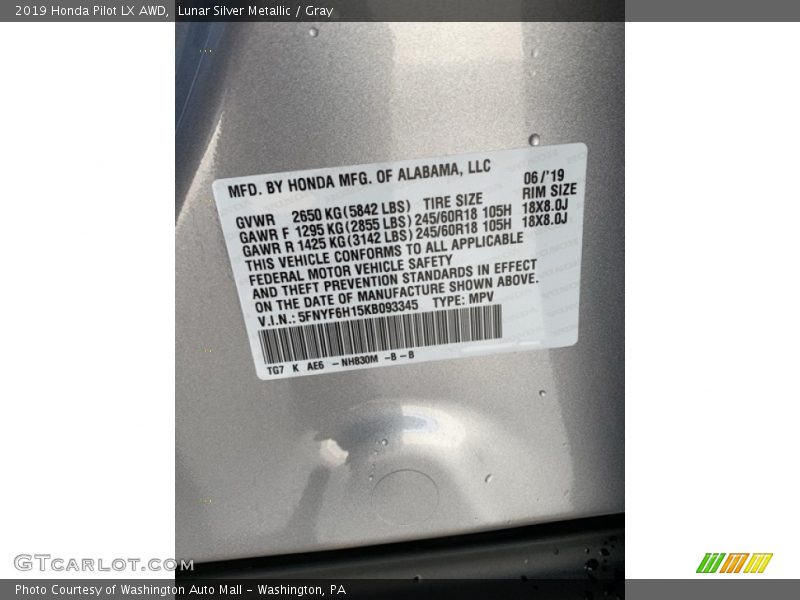Lunar Silver Metallic / Gray 2019 Honda Pilot LX AWD