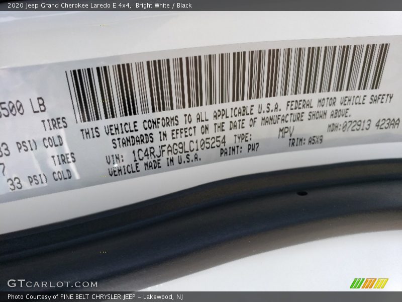 2020 Grand Cherokee Laredo E 4x4 Bright White Color Code PW7