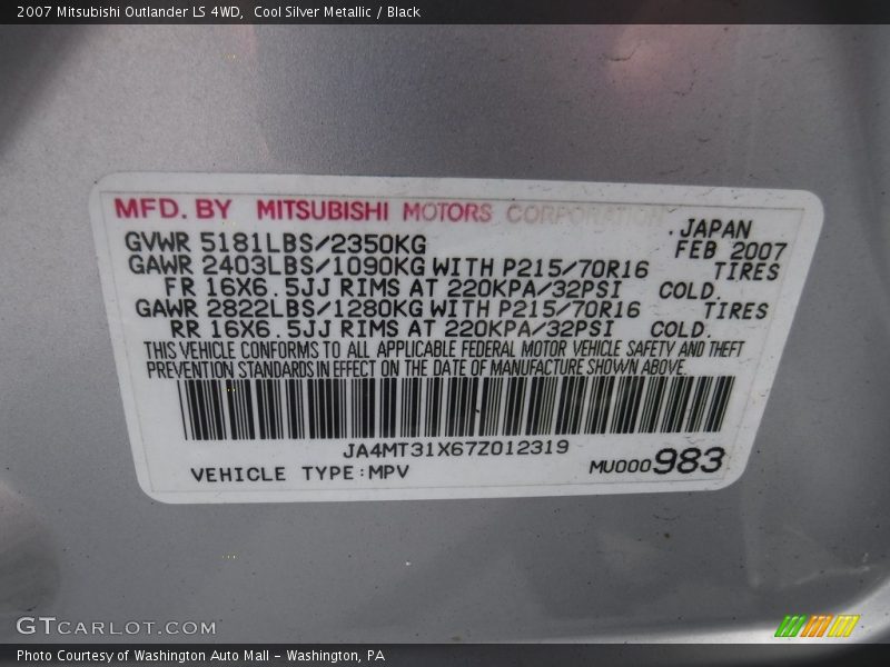 Cool Silver Metallic / Black 2007 Mitsubishi Outlander LS 4WD