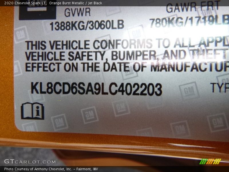 Orange Burst Metallic / Jet Black 2020 Chevrolet Spark LT