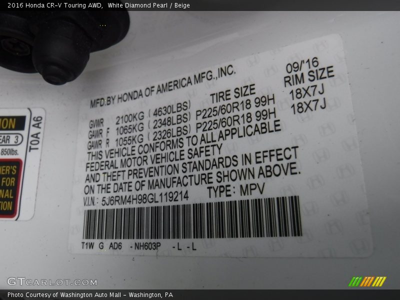White Diamond Pearl / Beige 2016 Honda CR-V Touring AWD