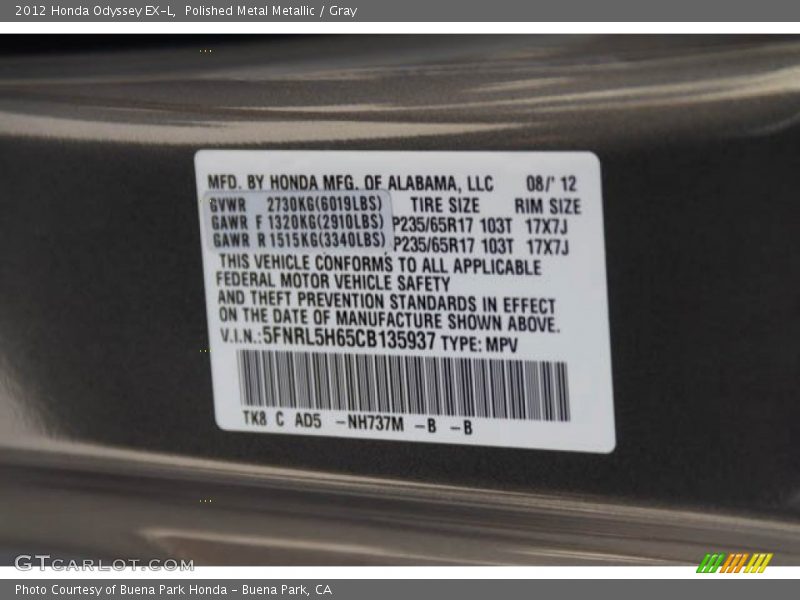 Polished Metal Metallic / Gray 2012 Honda Odyssey EX-L