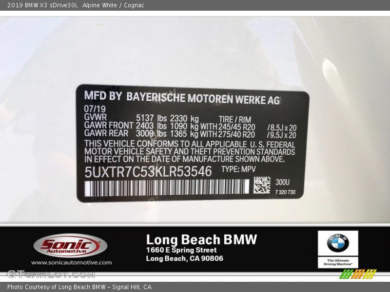 Alpine White / Cognac 2019 BMW X3 sDrive30i