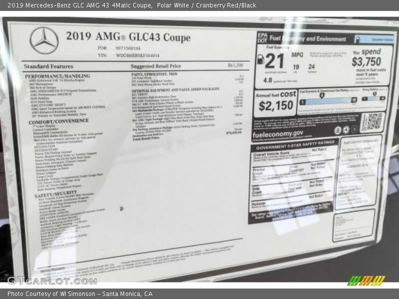  2019 GLC AMG 43 4Matic Coupe Window Sticker