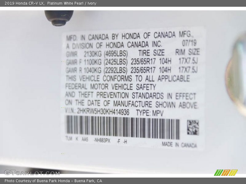 Platinum White Pearl / Ivory 2019 Honda CR-V LX