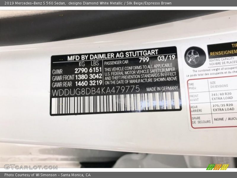 designo Diamond White Metallic / Silk Beige/Espresso Brown 2019 Mercedes-Benz S 560 Sedan