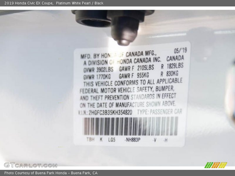 Platinum White Pearl / Black 2019 Honda Civic EX Coupe