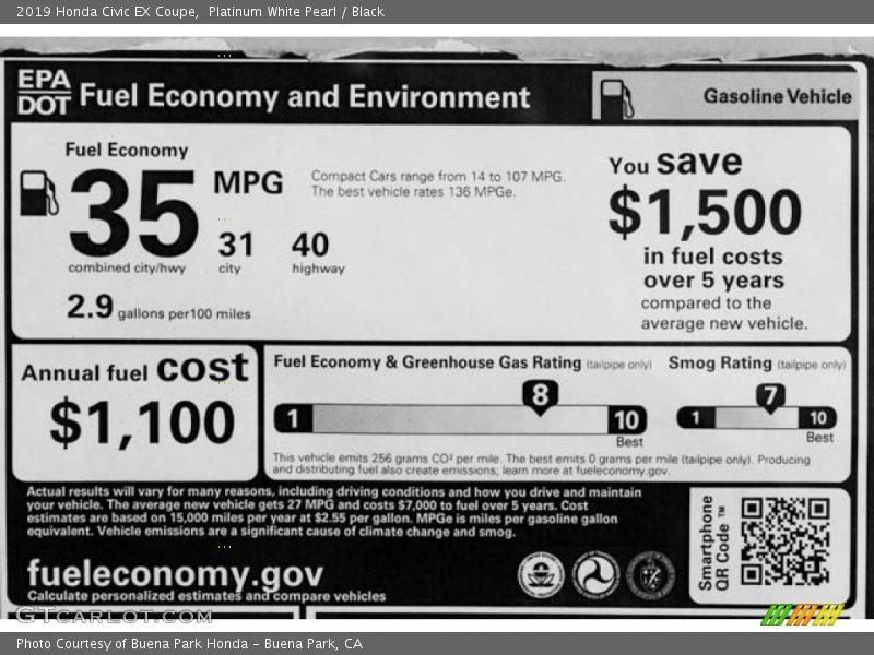 Platinum White Pearl / Black 2019 Honda Civic EX Coupe