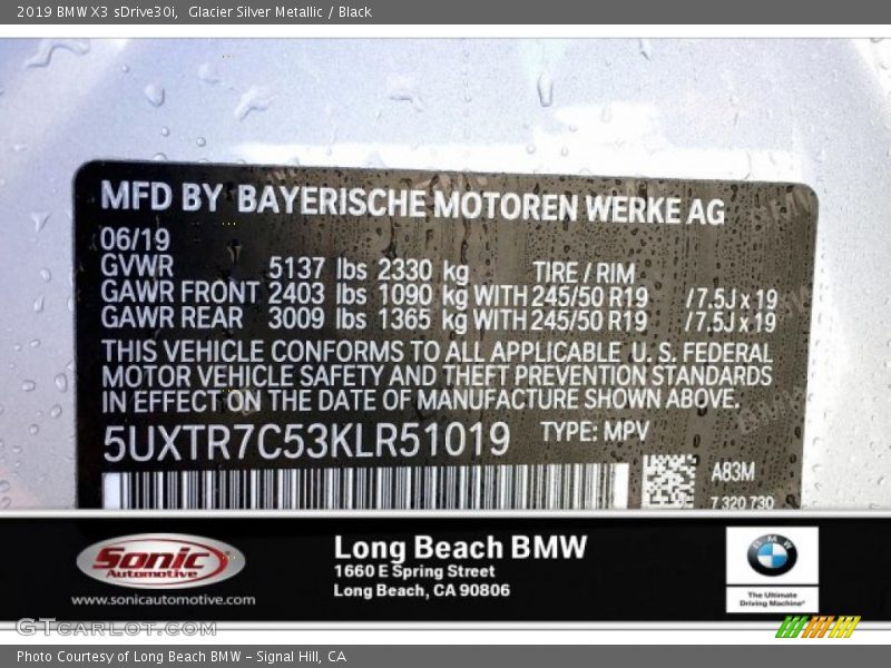 Glacier Silver Metallic / Black 2019 BMW X3 sDrive30i
