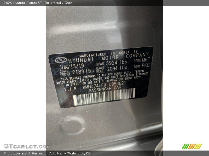 Fluid Metal / Gray 2020 Hyundai Elantra SE