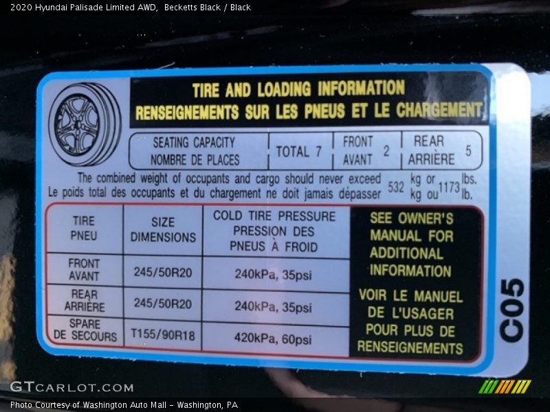 Info Tag of 2020 Palisade Limited AWD