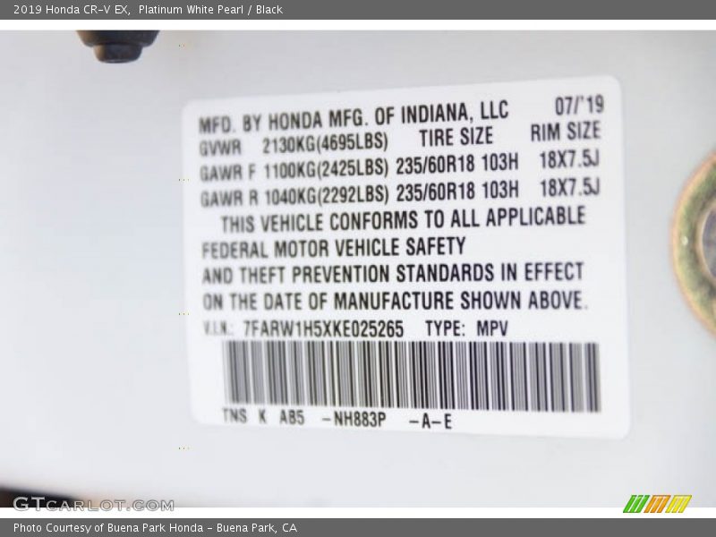 Platinum White Pearl / Black 2019 Honda CR-V EX