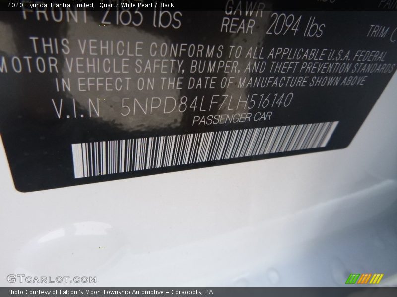 Quartz White Pearl / Black 2020 Hyundai Elantra Limited