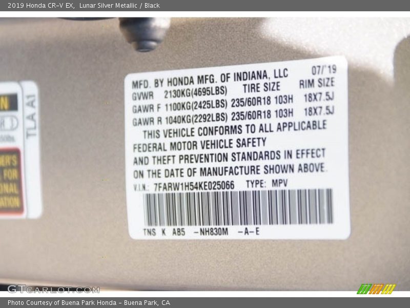 2019 CR-V EX Lunar Silver Metallic Color Code NH830M
