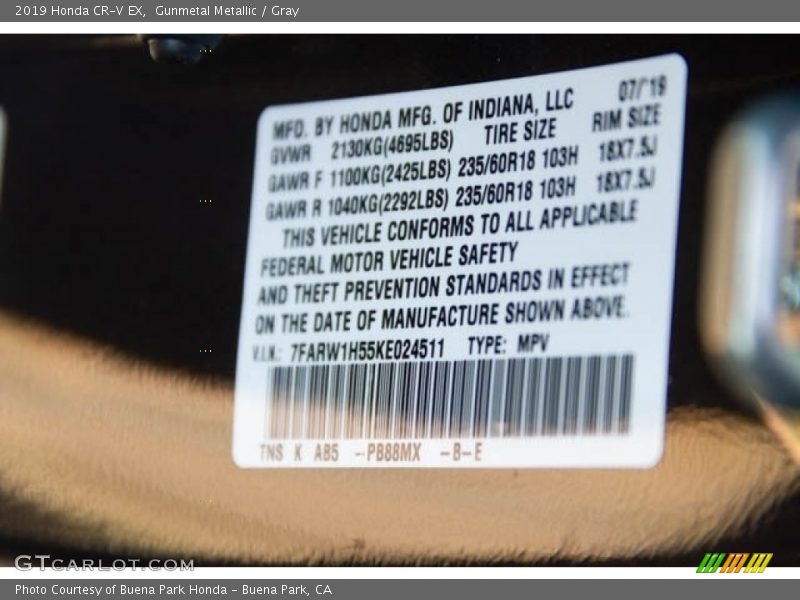 2019 CR-V EX Gunmetal Metallic Color Code PB88MX