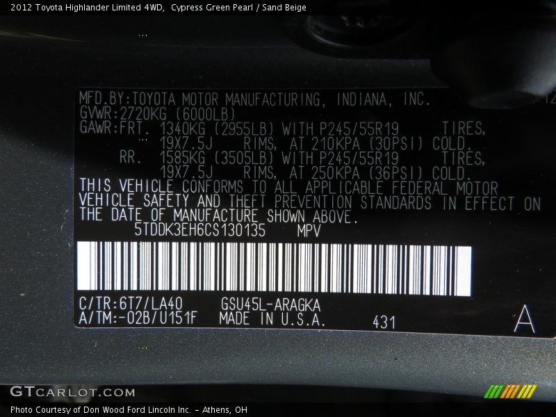 Cypress Green Pearl / Sand Beige 2012 Toyota Highlander Limited 4WD