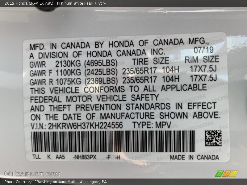 Platinum White Pearl / Ivory 2019 Honda CR-V LX AWD