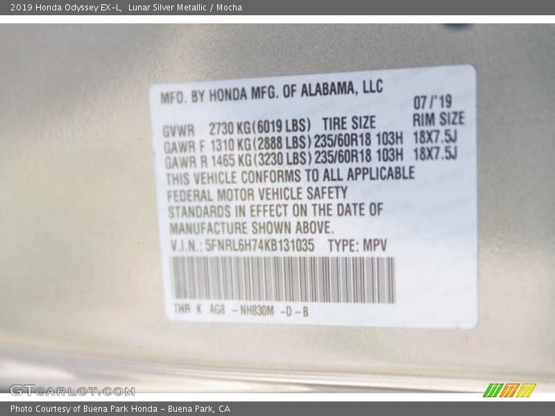 Lunar Silver Metallic / Mocha 2019 Honda Odyssey EX-L