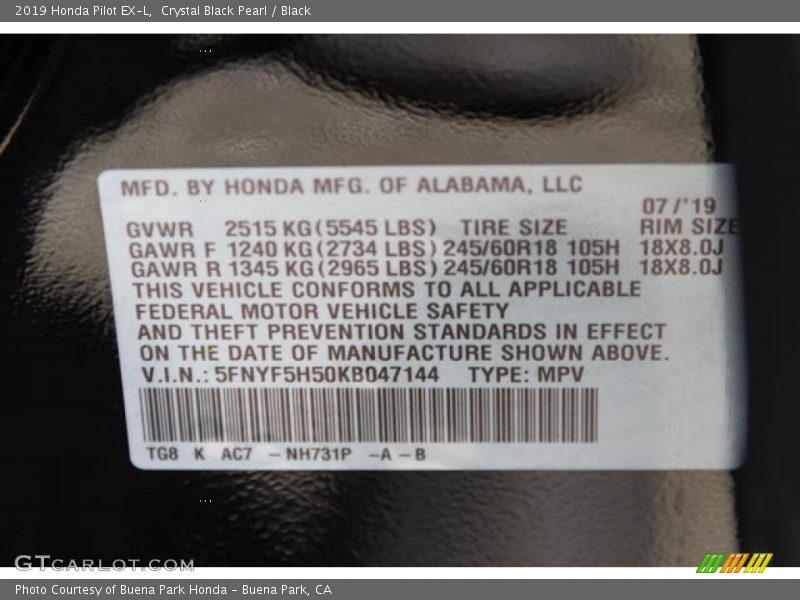 Crystal Black Pearl / Black 2019 Honda Pilot EX-L