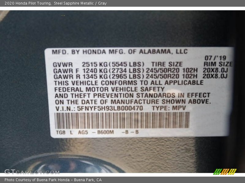 Steel Sapphire Metallic / Gray 2020 Honda Pilot Touring