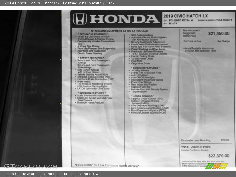 Polished Metal Metallic / Black 2019 Honda Civic LX Hatchback