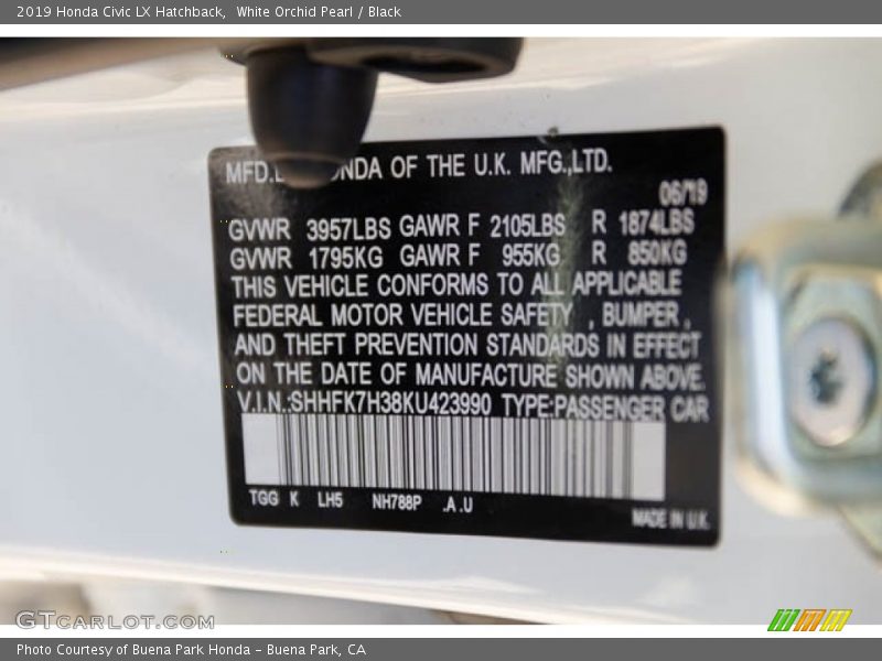 White Orchid Pearl / Black 2019 Honda Civic LX Hatchback