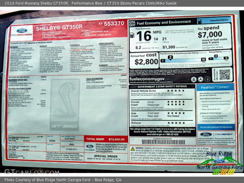  2019 Mustang Shelby GT350R Window Sticker