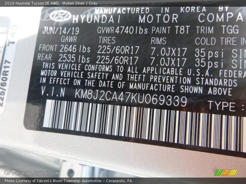 Molten Silver / Gray 2019 Hyundai Tucson SE AWD