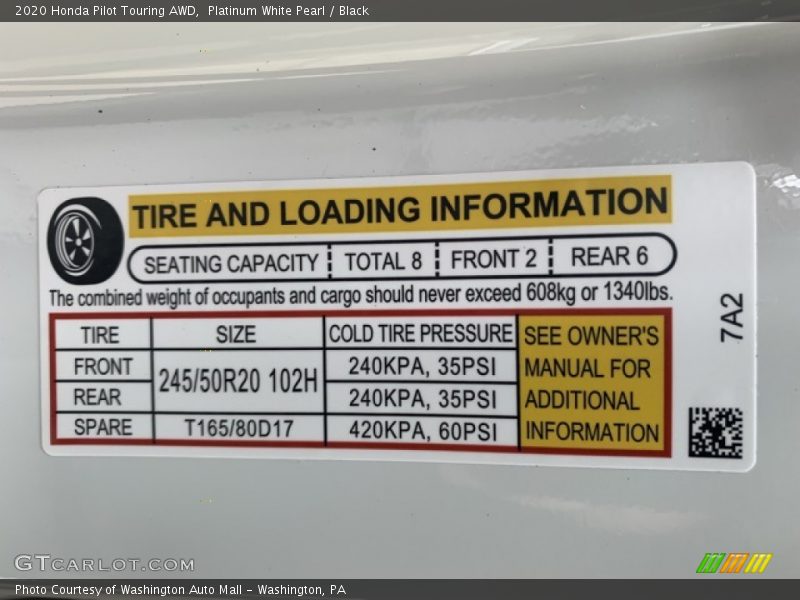 Info Tag of 2020 Pilot Touring AWD