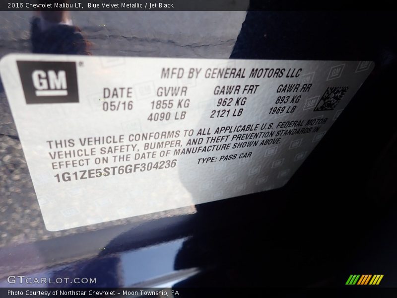 Blue Velvet Metallic / Jet Black 2016 Chevrolet Malibu LT