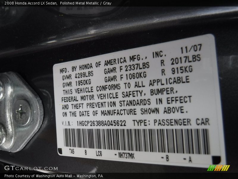 Polished Metal Metallic / Gray 2008 Honda Accord LX Sedan