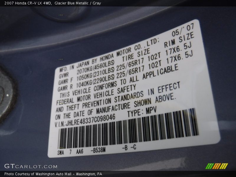 Glacier Blue Metallic / Gray 2007 Honda CR-V LX 4WD