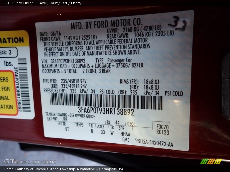 Ruby Red / Ebony 2017 Ford Fusion SE AWD