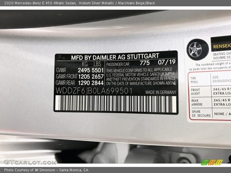 2020 E 450 4Matic Sedan Iridium Silver Metallic Color Code 775