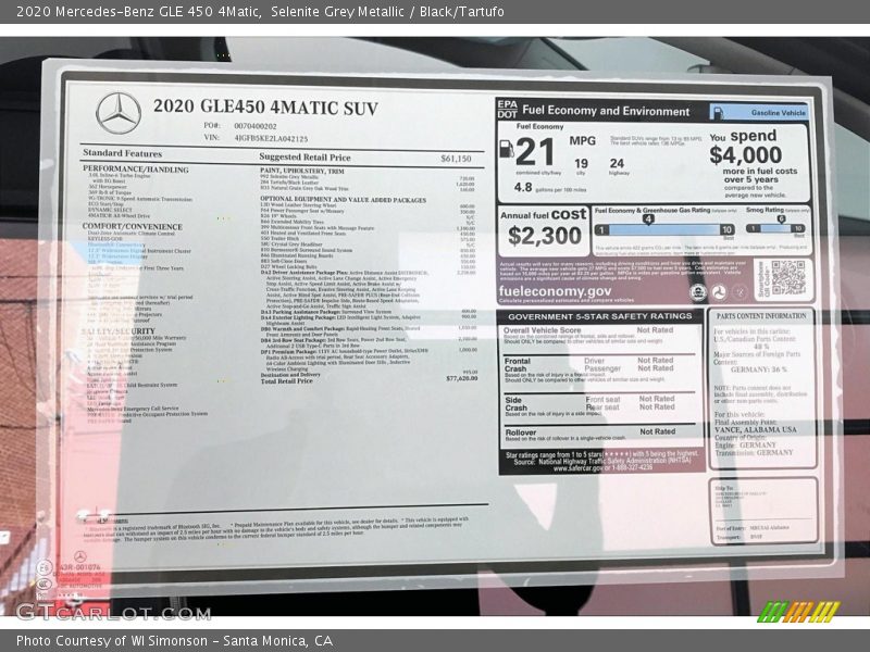  2020 GLE 450 4Matic Window Sticker