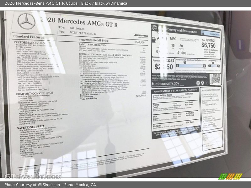  2020 AMG GT R Coupe Window Sticker
