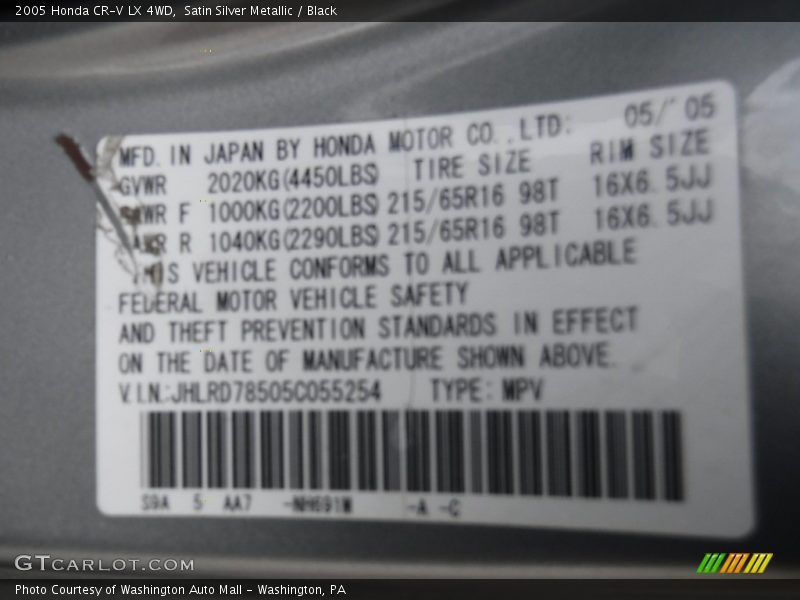 Satin Silver Metallic / Black 2005 Honda CR-V LX 4WD