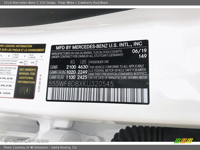 Polar White / Cranberry Red/Black 2019 Mercedes-Benz C 300 Sedan