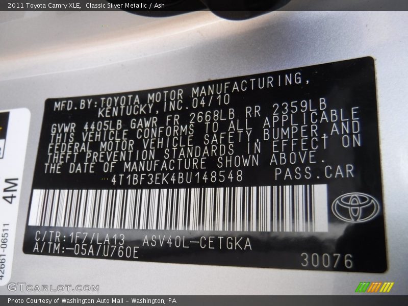 Classic Silver Metallic / Ash 2011 Toyota Camry XLE