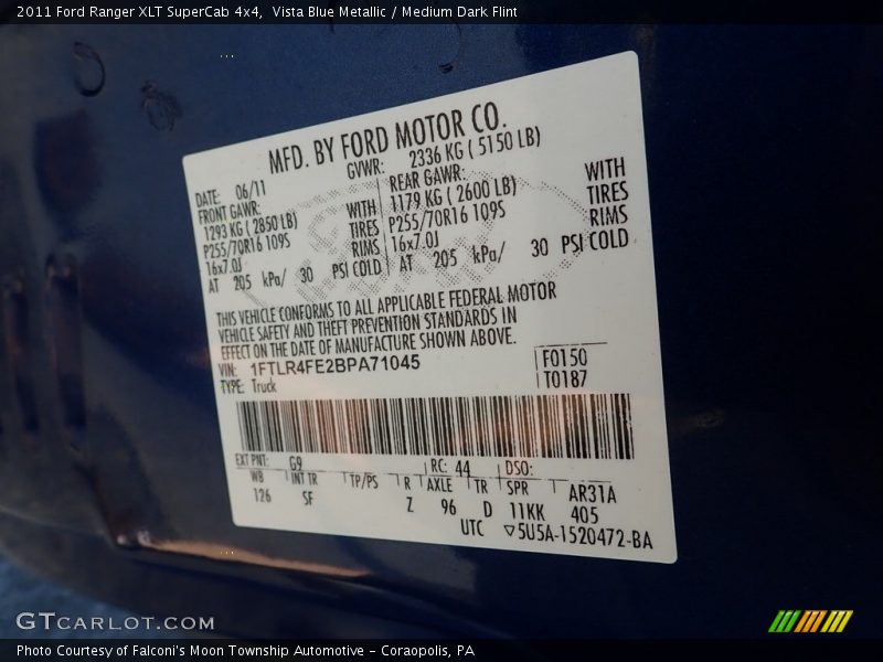 Vista Blue Metallic / Medium Dark Flint 2011 Ford Ranger XLT SuperCab 4x4